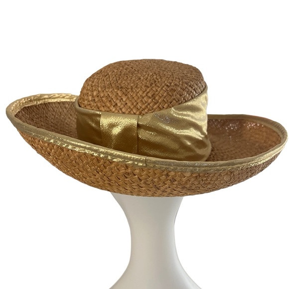 VINTAGE HAT 80s CACHÉ Straw Gold Metallic Shiny Lame Band+Rim Sun Beach Hiking - Picture 6 of 12